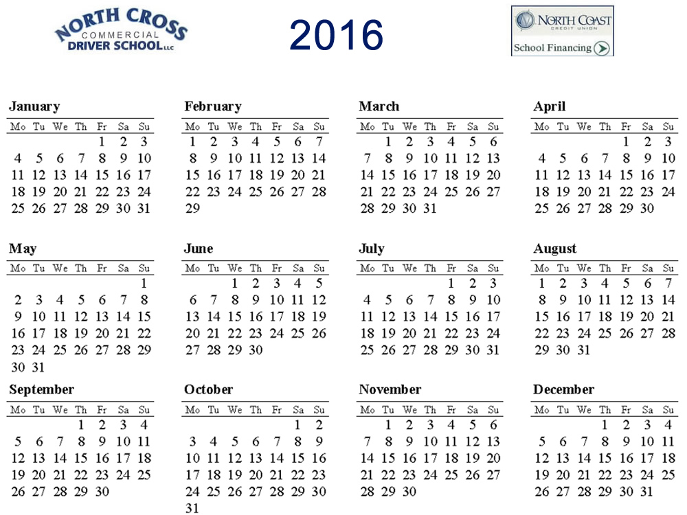 2016 CDL Class Calendar North Cross Commercial Driving School